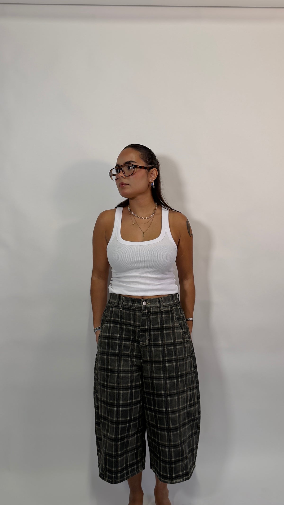plaid denim bermudas
